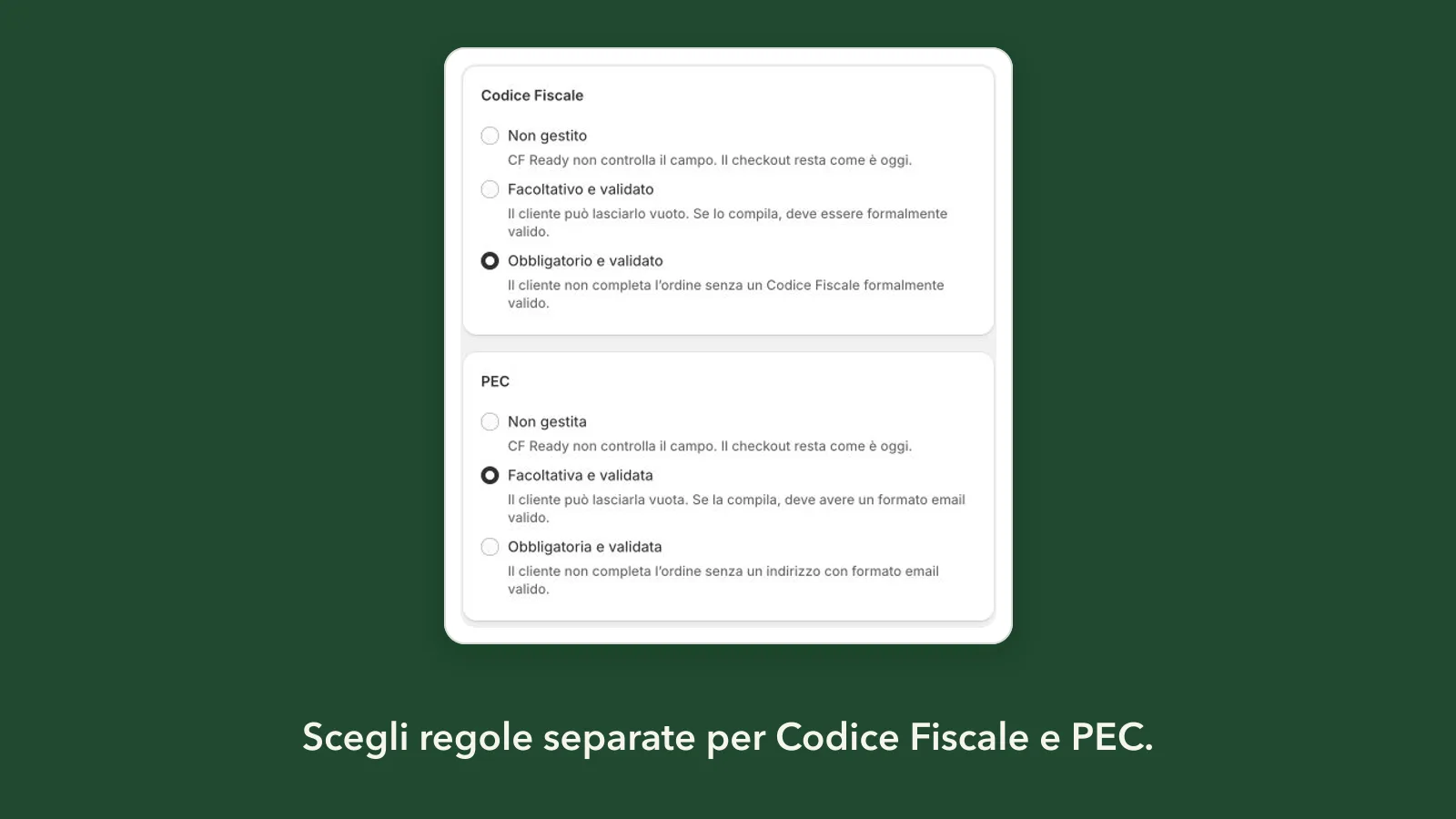 Impostazioni separate per Codice Fiscale e PEC